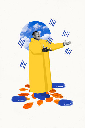 Vertical abstract artwork collage of laughing positive funny young man catch drops autumn outdoors raining isolated on white backgroundの写真素材