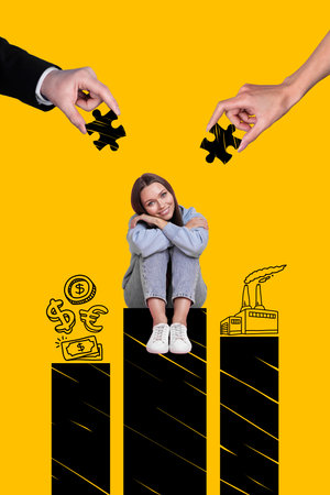 Vertical photo collage of happy girl sit development char business income fabric business progress...
