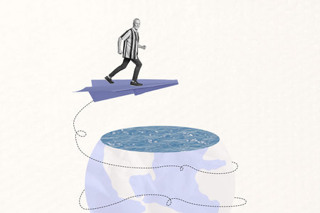 Composite photo collage of happy retired man fly paper plane earth arrival water lagoon summer vacation rest isolated on painted backgroundの写真素材
