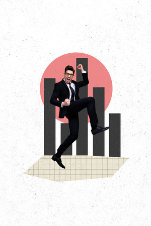 Vertical photo collage of excited man win promotion chart development concept aim achievement isolated on painted backgroundの写真素材