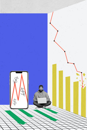 Vertical poster collage young shocked man trader online investing economy smartphone dollar stocks...