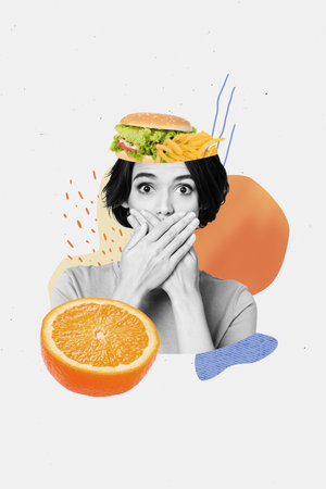 Vertical photo collage of worried girl close mouth diet restriction organic orange fast food burger taboo isolated on painted backgroundの写真素材