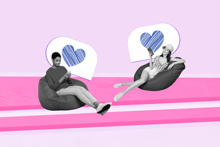Photo of two girls lesbians collage image texting lying pouf location chill meet online phone date application isolated on pink backgroundの写真素材