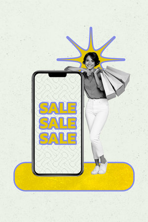Vertical poster collage young woman smartphone touchscreen sale app black friday promotion special offer drawing backgroundの写真素材