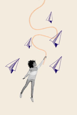 Vertical creative composite photo collage of positive woman hold rope flying up with paper planes isolated on pastel color backgroundの写真素材