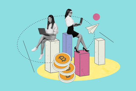 Composite trend artwork sketch image photo collage of business huge dollar symbol money young lady sit work laptop message bitcoinの写真素材