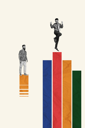 Vertical photo collage of two businessmen colleagues leader loser chart regress progress crisis success isolated on painted backgroundの写真素材
