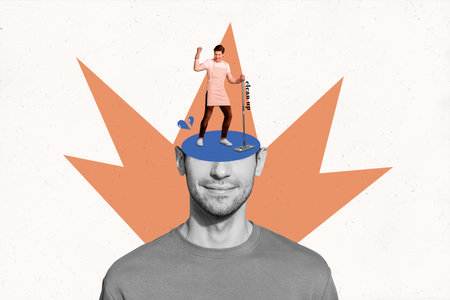 Poster collage of crazy house maid man cleaning human brain clear head like washing floor homework isolated on white color backgroundの写真素材