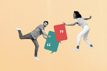 Composite photo collage of two happy girl guy hold colorful bubble communication dialogue concept...