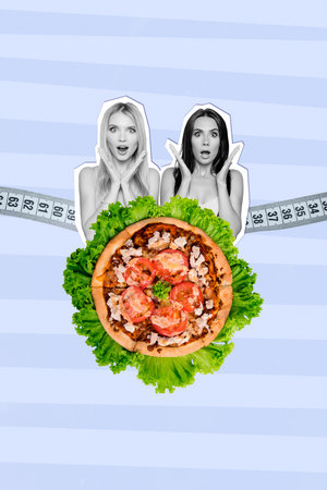 Vertical creative composite photo collage of astonished women on diet staring at tasty pizza in cafeteria isolated on drawing backgroundの写真素材