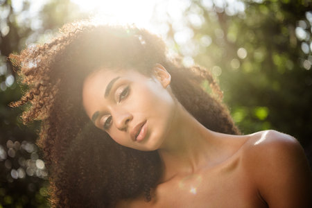 Photo of adorable sensual gentle lady photosession sunny spring day nice weather sunlight outdoorsの写真素材