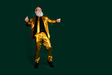 Elderly man in glowing golden suit dancing against a green backdrop, celebrating in style with retro...