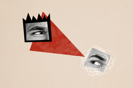 Composite trend artwork 3D image photo collage of monochrome fragment human face two piece eyes watch contact vision scrutiny overseeの写真素材
