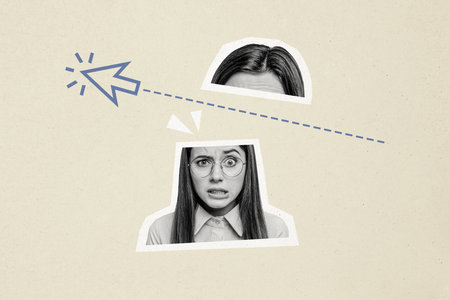 Composite trend artwork sketch image photo collage of webpage arrow pointer browse interface show way direction young lady confused faceの写真素材