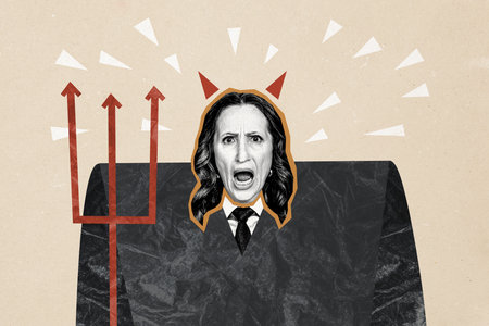 Composite photo collage of angry businesswoman satan monster devil hold harpoon dictatorship work...