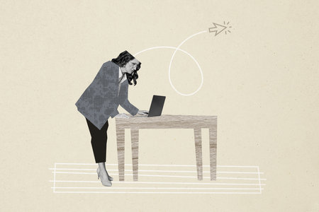 Composite trend artwork 3D sketch image photo collage of workspace office room table aged lady manager stand work type laptop mind arrowの写真素材