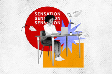 Composite trend artwork sketch photo collage of young lady office manager work laptop write breaking news sensation word paper plane smsの写真素材