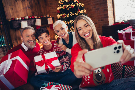 Photo of loving family pretty grand daughter make selfie cell smart phone grandfather grandmother...