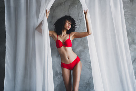 Photo of beautiful curly haired latin model gorgeous undressed girl in red panties posing with viel curtains isolated on gray wall backgroundの写真素材