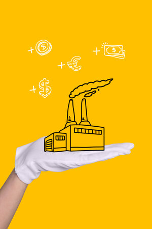 Vertical photo collage of hands wear glove hold fabric jar coin transaction money growth progress isolated on painted backgroundの写真素材