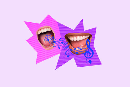 Composite photo collage of two happy faceless mouth sing music note treble clef symbol karaoke...