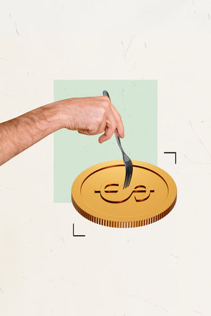 Image collage poster of rich wealthy trader man golden coin financial growth stability concept isolated on drawing white backgroundの写真素材