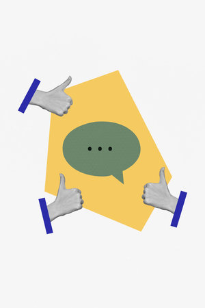 Composite trend 3D sketch image photo collage of speech cloud chatting message talk contact box hand gesture showing thumb finger successの写真素材