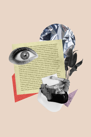 Composite trend artwork sketch image photo collage of young lady faceless hand hold small doors imagination creative page author bookの写真素材