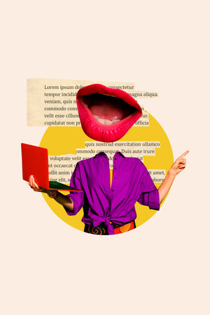 Composite trend artwork 3D sketch image photo collage of anonymous mouth lips say makeup red lipstick young lady headless work laptopの写真素材