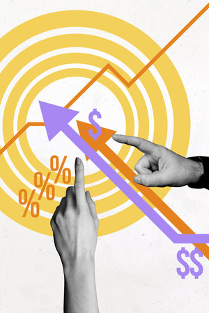 Vertical photo collage of two business people hands show target arow graph development success percent usd isolated on painted backgroundの写真素材