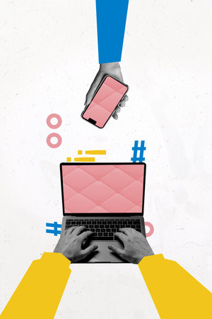 Vertical photo collage of hands type message symbol fall phone device screen technology correspondence isolated on painted backgroundの写真素材