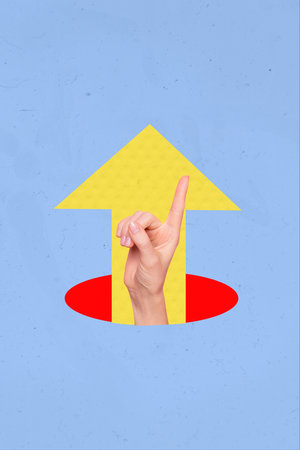 Composite image montage trend artwork 3D collage of human hand gesture showing up way direction finger point arrow business target aimの写真素材