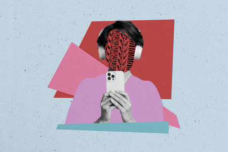 Composite trend artwork 3D sketch image collage of faceless lady hairdo headphones listen music hold...
