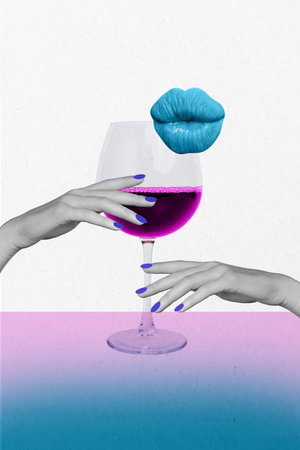 Vertical photo collage of faceless female pouted lips drink wine alcohol beverage club occasion bar relax isolated on painted backgroundの写真素材