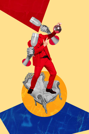 Composite trend artwork sketch image photo collage of headless man stand glamour armchair hand hold cocktail glass discoball party fridayの写真素材