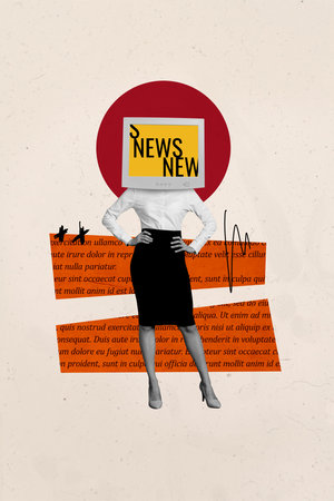 Vertical photo collage of serious businesswoman stand nameplate arrow pointer target development icon isolated on painted backgroundの写真素材