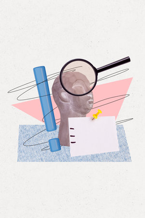 Vertical photo collage of pottery dummy sculpture search magnifier glass exclamation sign notes pin paper isolated on painted backgroundの写真素材