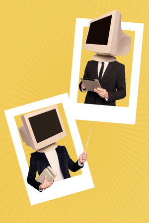 Collage image of pinup pop retro sketch of businesspeople entrepreneur computer instead head template metaphor psychedelicの写真素材