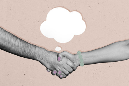 Composite sketch design artwork 3D photo collage of anonymous person hand manicure hold together gesture partnership speech loud messageの写真素材