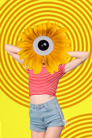Vertical creative collage image of beautiful attractive female yellow sunflower eye watching...
