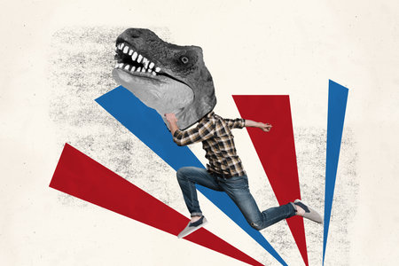 Composite trend artwork sketch image photo collage of dinosaur head animal young man headless student animal jump moving caricatureの写真素材