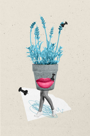 Vertical photo collage of anonym girl instead body flower pot wildflower plant legs lips smile pin isolated on painted backgroundの写真素材