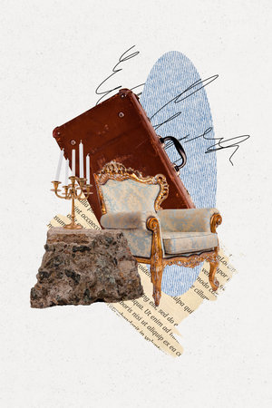 Vertical photo collage of royal rare armchair valise vintage candlestick rock art gallery house furniture isolated on painted backgroundの写真素材