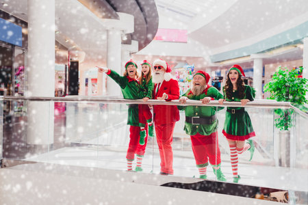 Full length body size view of attractive cheerful cool elfs pointing dream look advent advert sign...