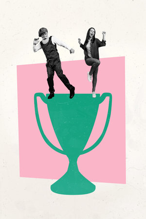 Vertical photo collage of two happy old man young girl dance goblet prize reward success cooperation isolated on painted backgroundの写真素材