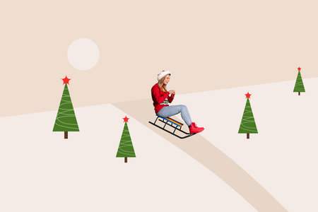 Collage picture of cheerful funky girl sitting sleigh having fun enjoying snowy weather isolated on painted backgroundの写真素材