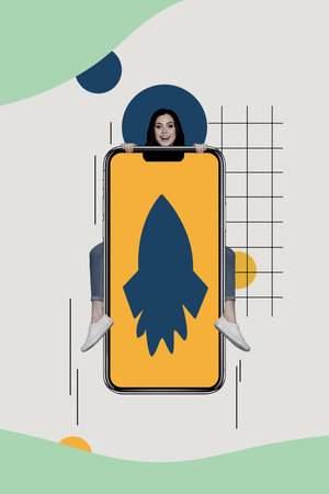 Vertical photo collage of happy girl peek phone screen rocket loading internet speed icon loading 5g net isolated on painted backgroundの写真素材