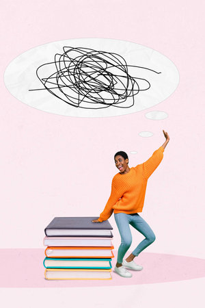 Vertical creative collage image of funny energetic dancing young female pile books reading student...