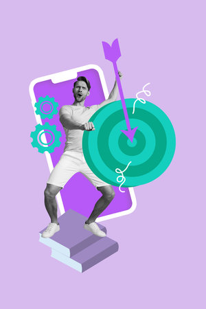 Vertical collage young happy man celebrate success winner victory achieve goal target aim center...