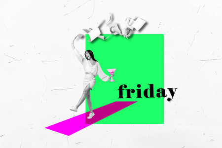 Composite template collage art of dancing careless funky woman celebrate friday ending this week drink martini isolated on white backgroundの写真素材